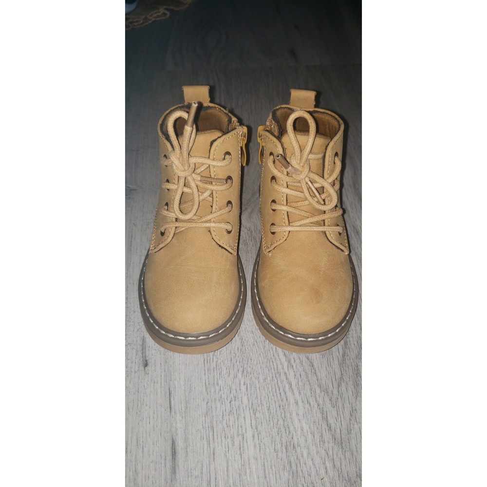 Kids Tan Lace Up Side Zip Work Boots Ankle Booties Size 8